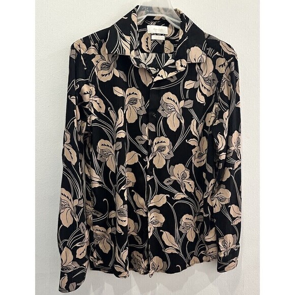 Porter and Ash Button Down Shirt Men Med Black Floral Hawaiian Long Sleeve - Picture 1 of 9